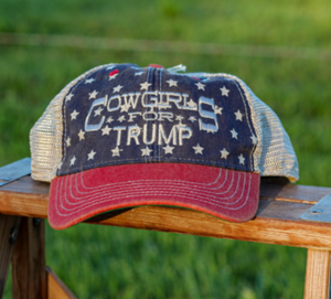 RanchyLife cowgirls for Trump cap on ladder