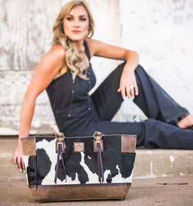 Ranchy Life Cowhide Montana Tote with model by sTs Ranchwear