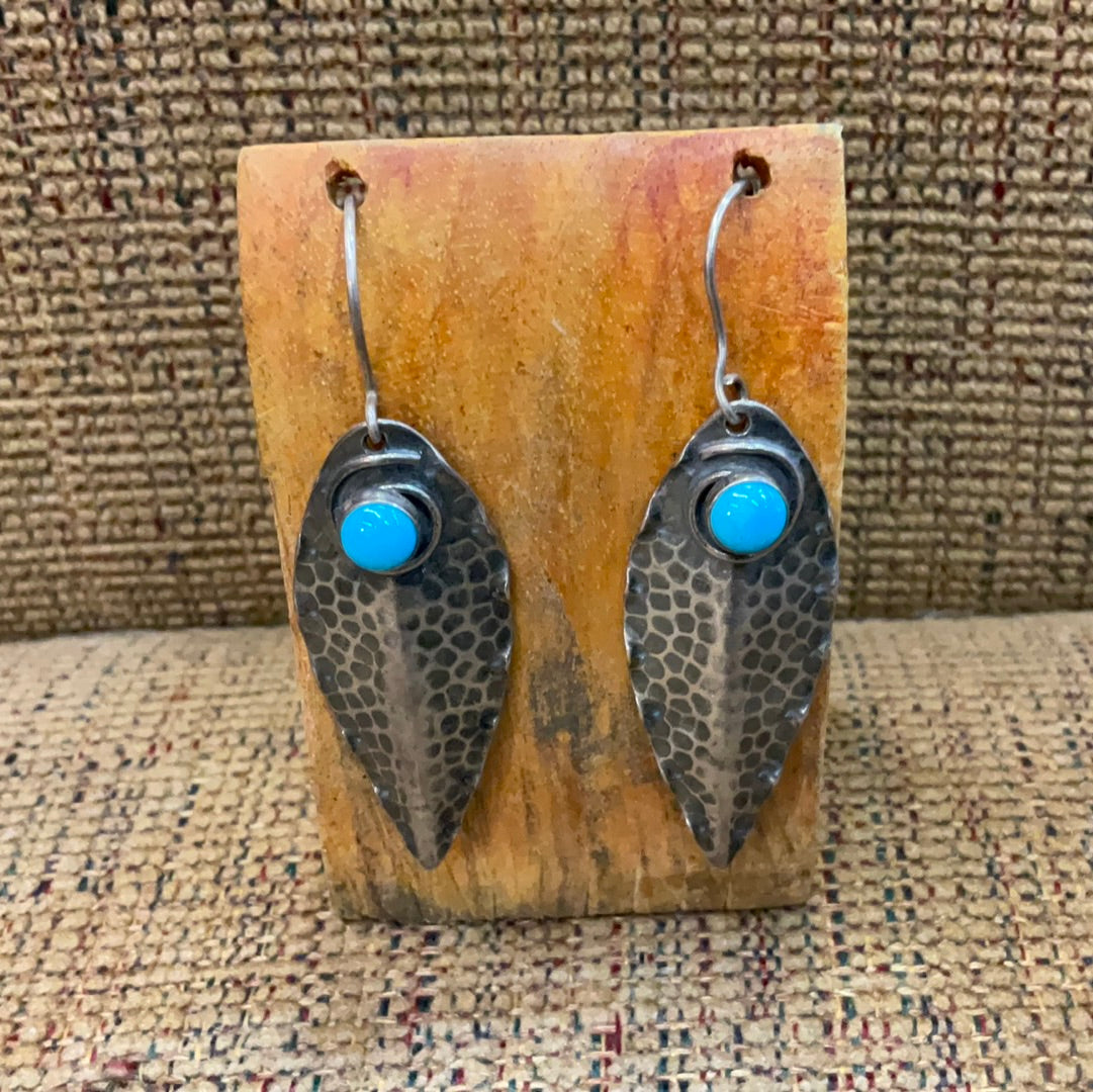 Silver Feather and Turquoise Stone Earrings